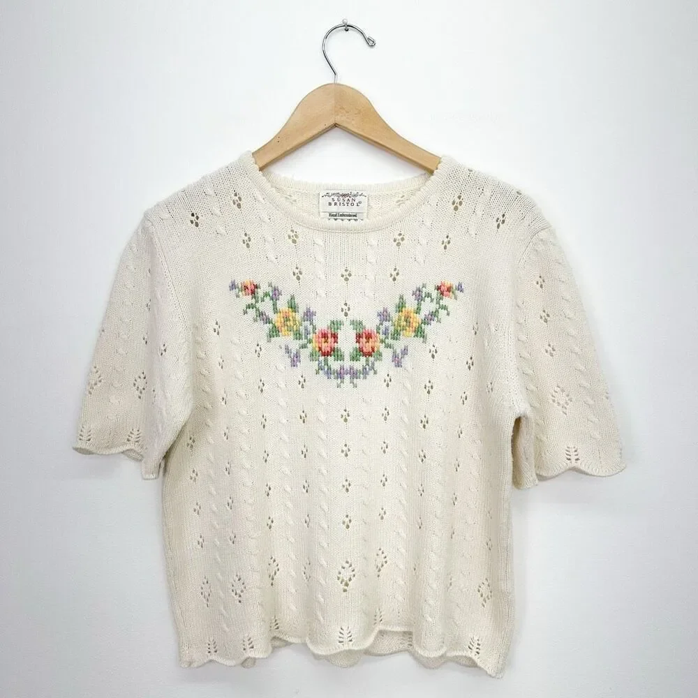 Susan Bristol Vintage Women’s Short Sleeve Multi Floral Cream Crop Knit Sweater